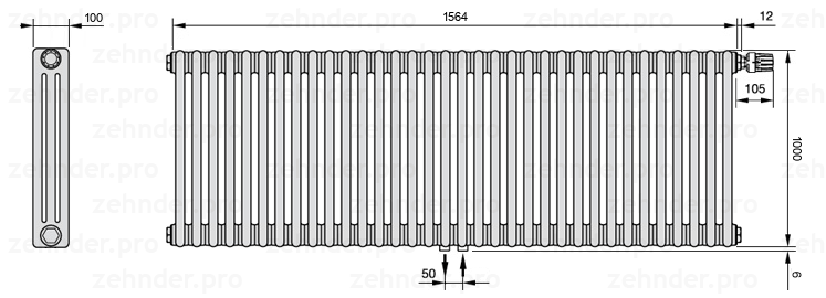 Схема (чертеж) Радиатор Zehnder Charleston 3100/34 №V008 Белый глянцевый RAL 9016